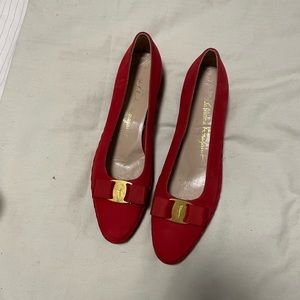 Salvatore Ferragamo Red Suede Vara Bow Pumps Shoes